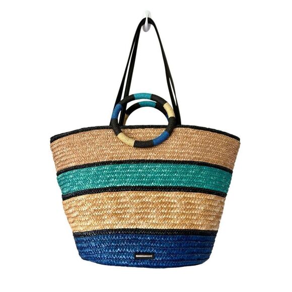 Rebecca Minkoff Woven Straw Tote Shoulder Bag Tan Blue Teal - Picture 3 of 15